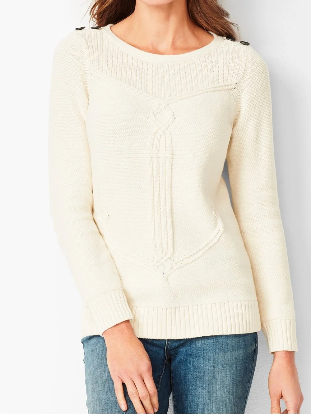 NWT Talbots Cable Ribbed-Yoke Knit Sweater Nautical Anchor Crewneck Cream sz M